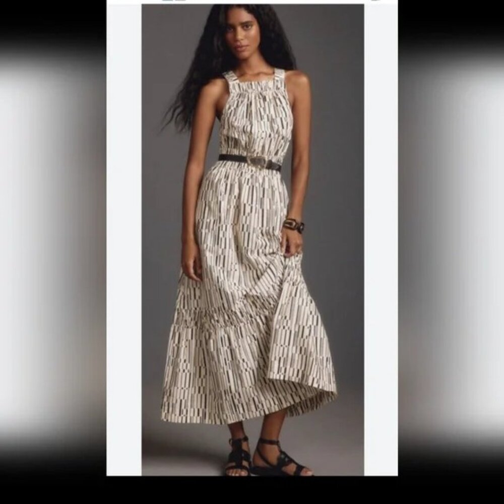 Anthropologie off-white and black printed cotton maxi dress Size XS